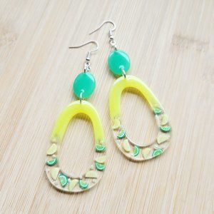 Lemon Lime Earrings Yellow and Green Handmade Long Oval Resin Statement Earrings